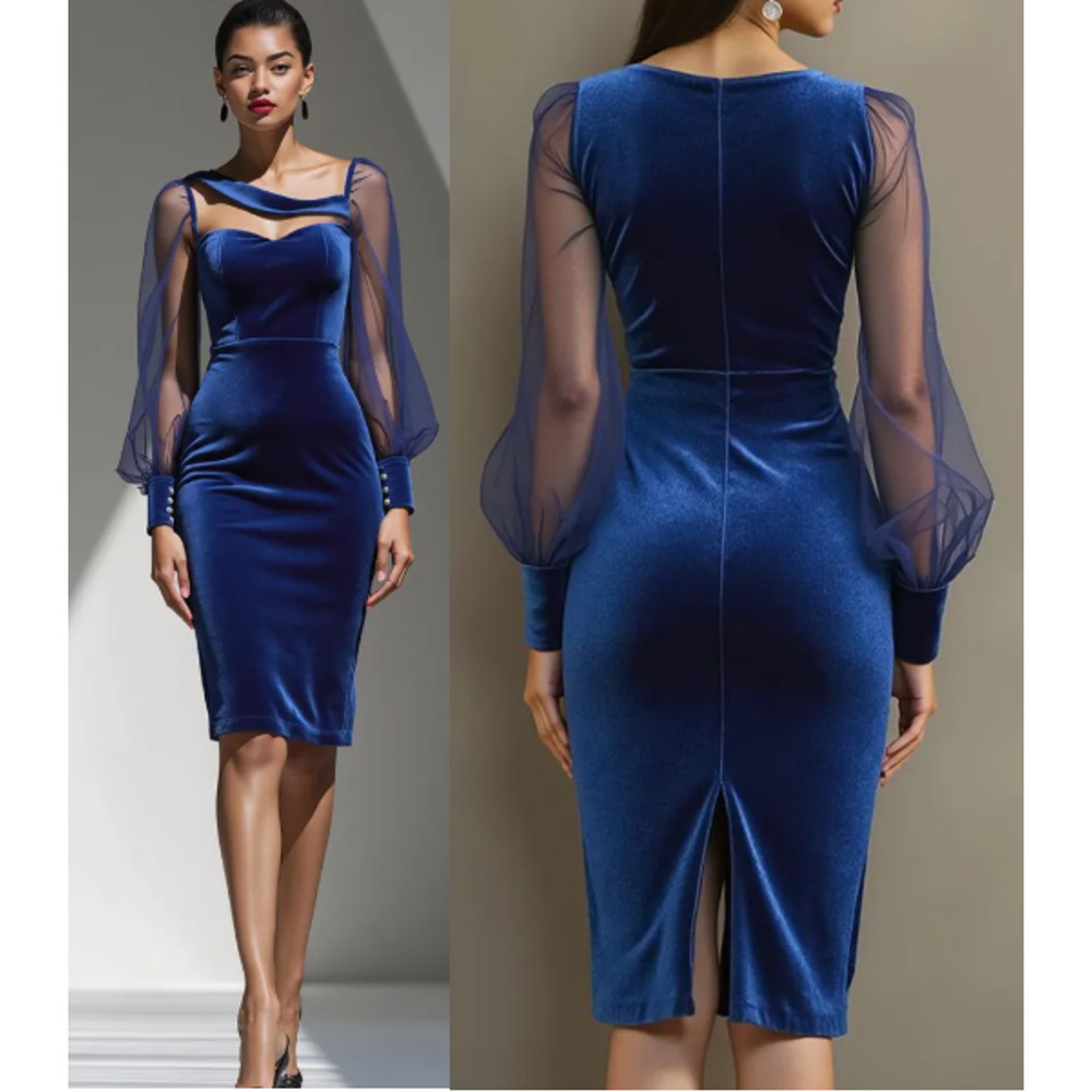 Fehaute Luxe Velvet Sheer Balloon Sleeve Bodycon Cocktail Dress  Navy Women's 8